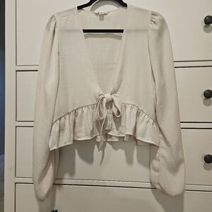 American Eagle Silky Satin Long Sleeve Tie-Front Top Size L Cream